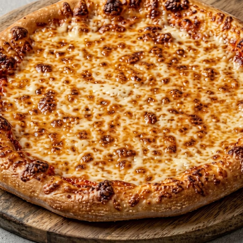 Golden cheese pizza with a browned, cheese-covered crust sits on a round wooden serving board.