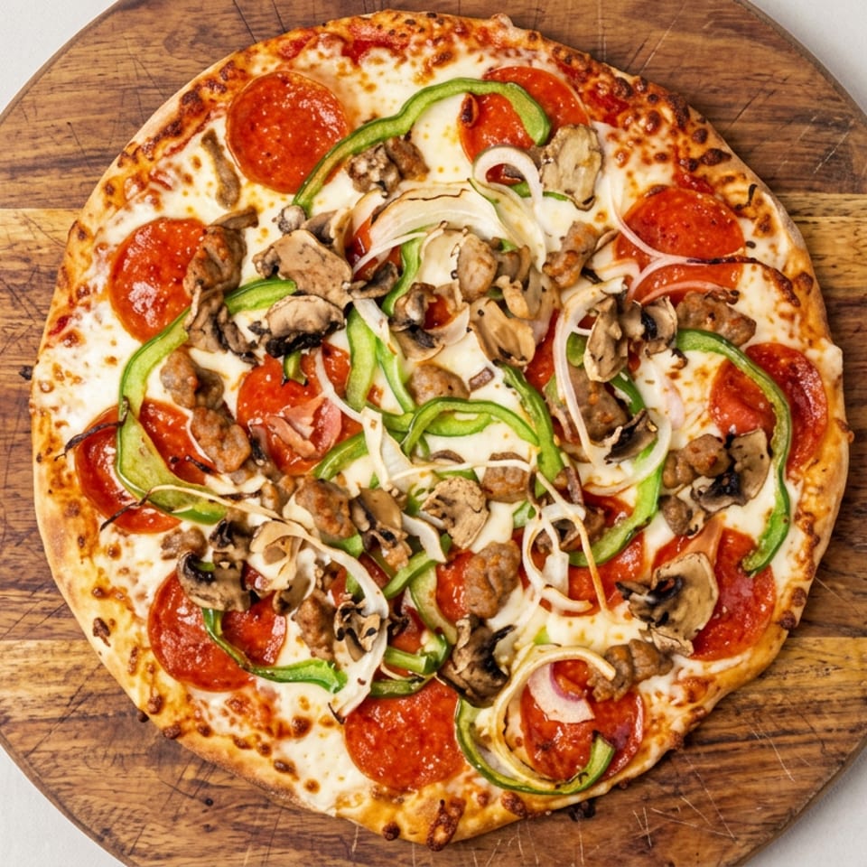 Pepperoni pizza topped with sausage, mushrooms, green peppers, onions, and melted cheese on a wooden serving board.