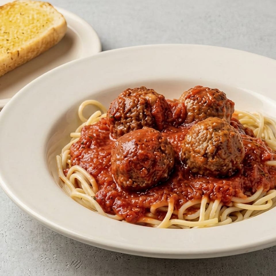 Plate of spaghetti with marinara sauce and meatballs, accompanied by toasted garlic bread on a separate plate.