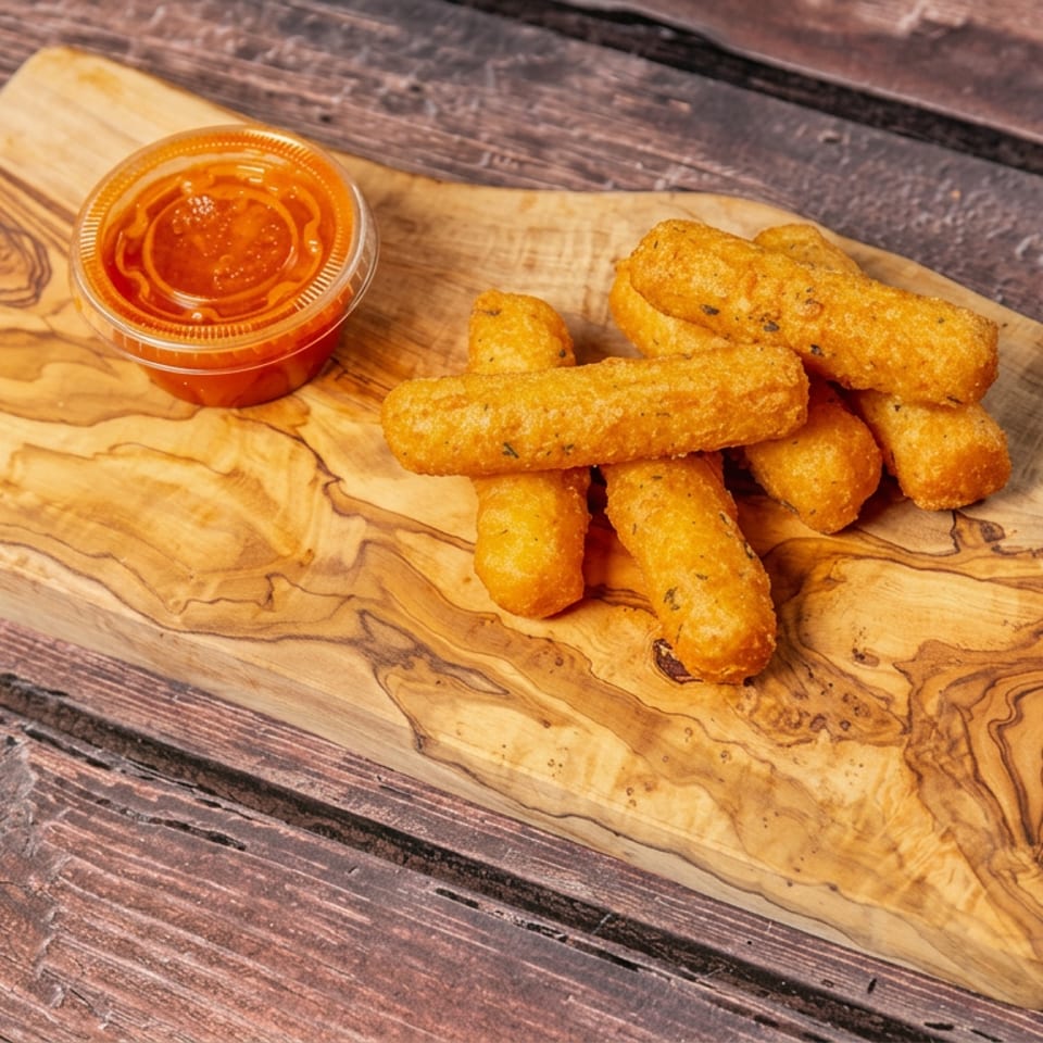 Golden fried cheese sticks served with red dipping sauce on a wooden serving board.