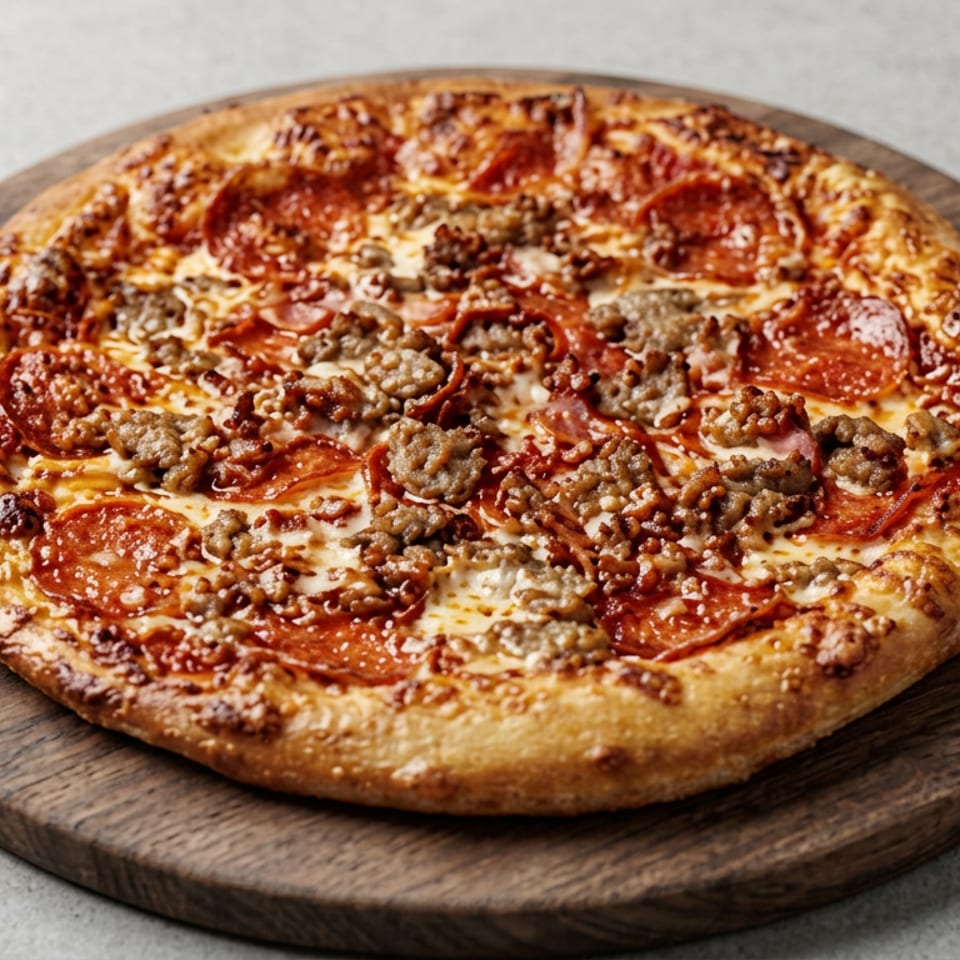 Loaded pepperoni and sausage pizza with melted cheese on a round wooden serving board.