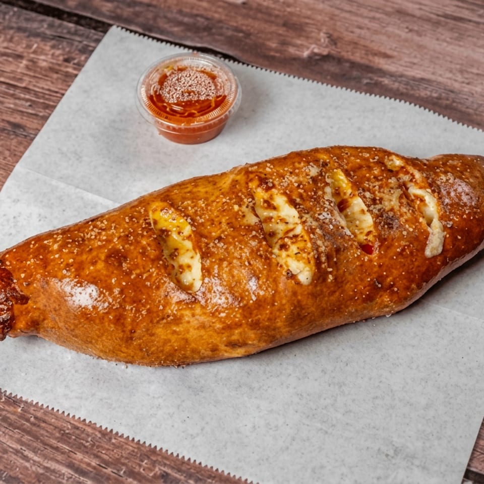Golden-brown stuffed pastry topped with cheese and seasoning, served with a cup of dipping sauce on parchment paper.